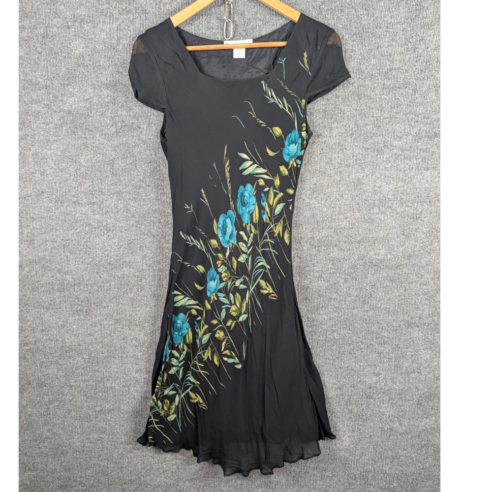 Vintage Dressbarn Whimsigoth Midi Dress M Black Turquoise Floral Dark Fairy Y2k